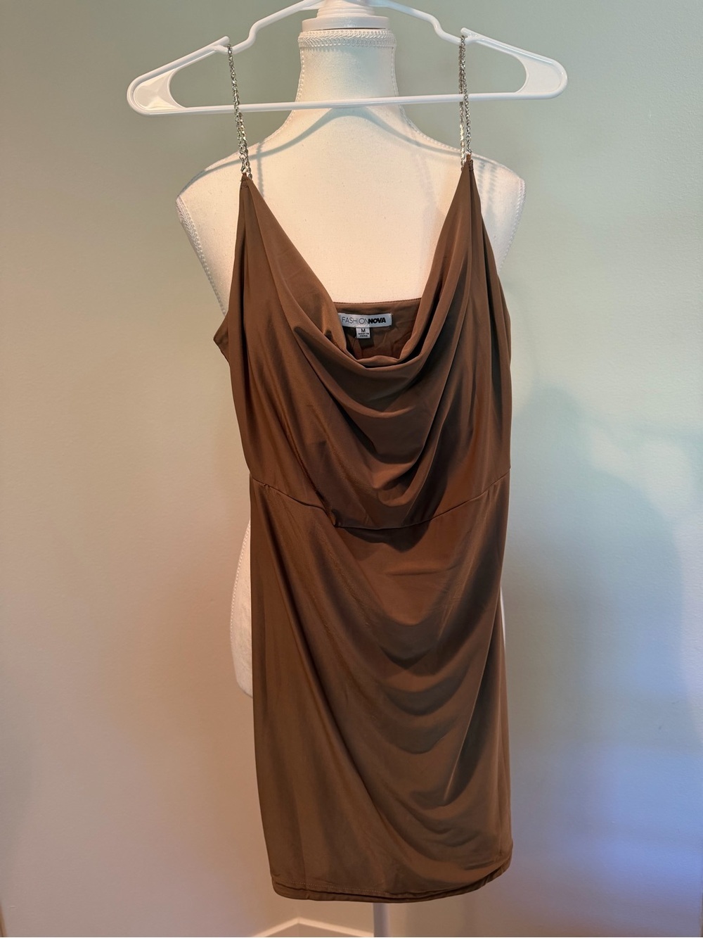NEW Fashion Nova Brown Cowl Neck Mini Dress with Chain Straps